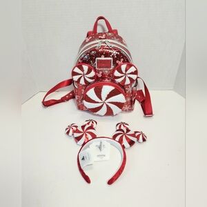 Disney Parks Loungefly 2025 Peppermint Swirl Mini Backpack & Ears Bundle - NWT